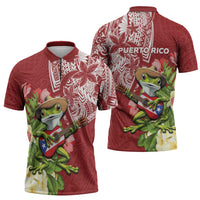 Puerto Rico Coqui Frog Zipper Polo Shirt Tropical Flowers Polynesian Style - Polynesian Pride