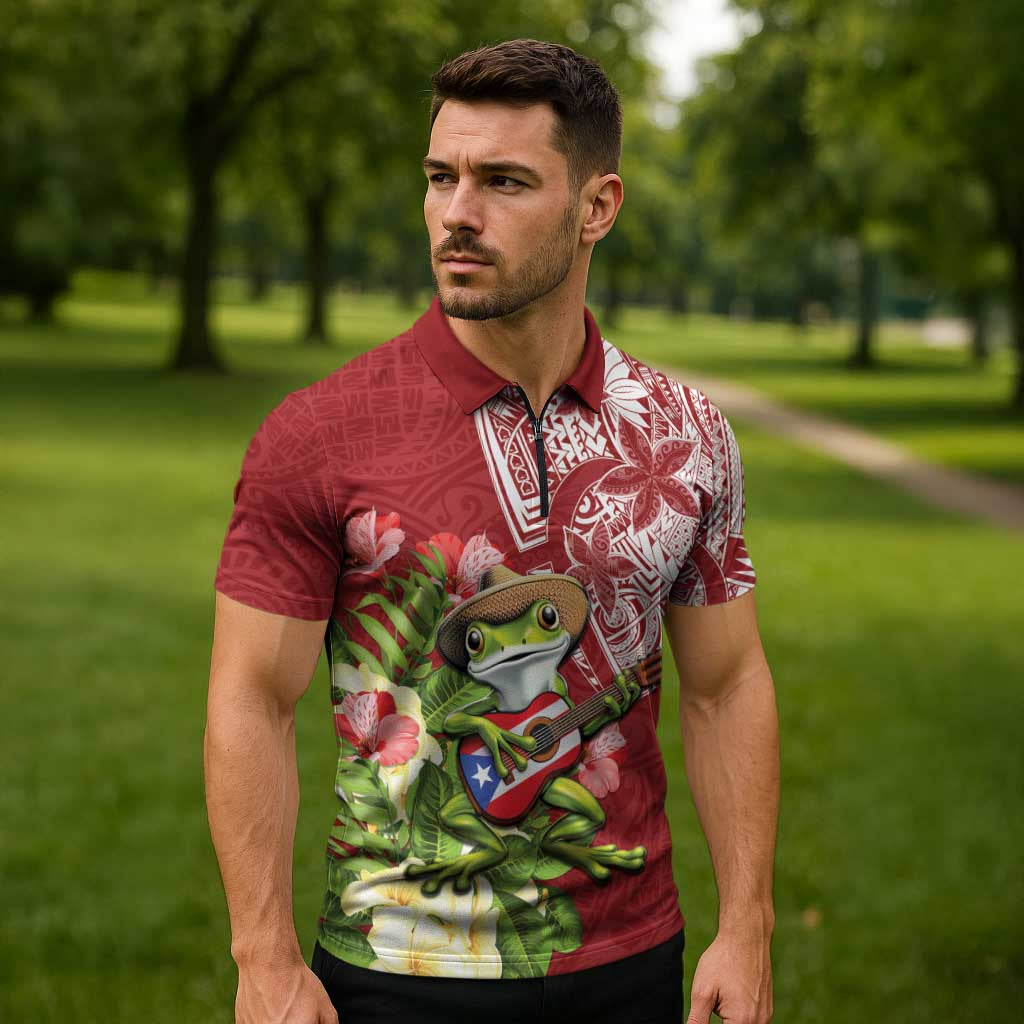 Puerto Rico Coqui Frog Zipper Polo Shirt Tropical Flowers Polynesian Style - Polynesian Pride