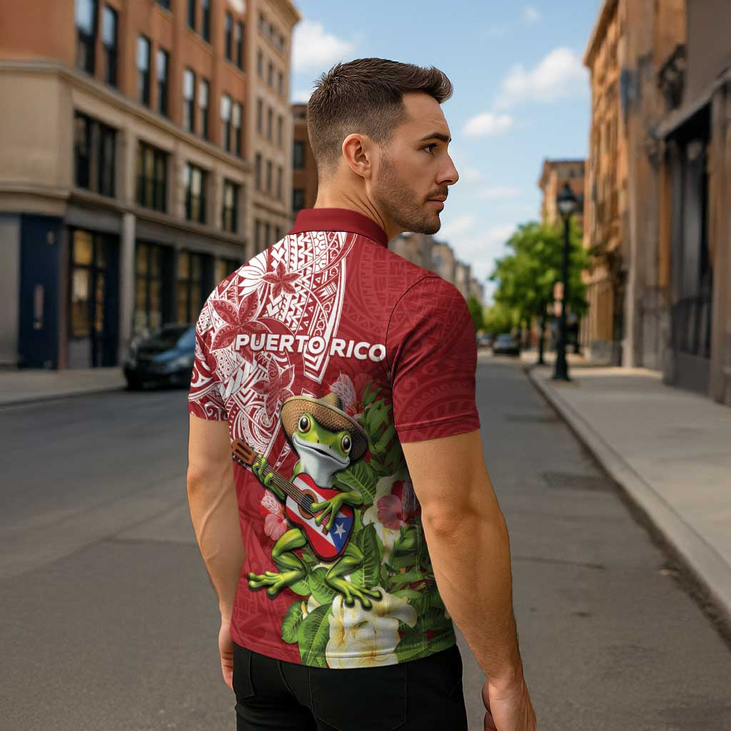Puerto Rico Coqui Frog Zipper Polo Shirt Tropical Flowers Polynesian Style - Polynesian Pride
