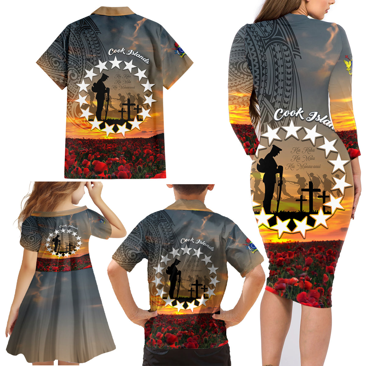 Cook Islands ANZAC Day Family Matching Long Sleeve Bodycon Dress and Hawaiian Shirt Lest We Forget LT05 - Polynesian Pride