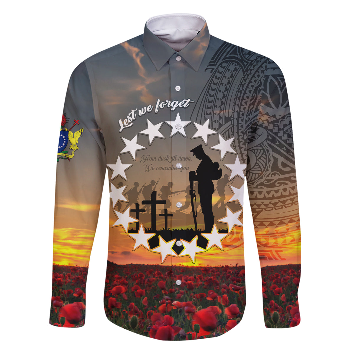 Cook Islands ANZAC Day Family Matching Mermaid Dress and Hawaiian Shirt Lest We Forget LT05 Dad's Shirt - Long Sleeve Grey - Polynesian Pride