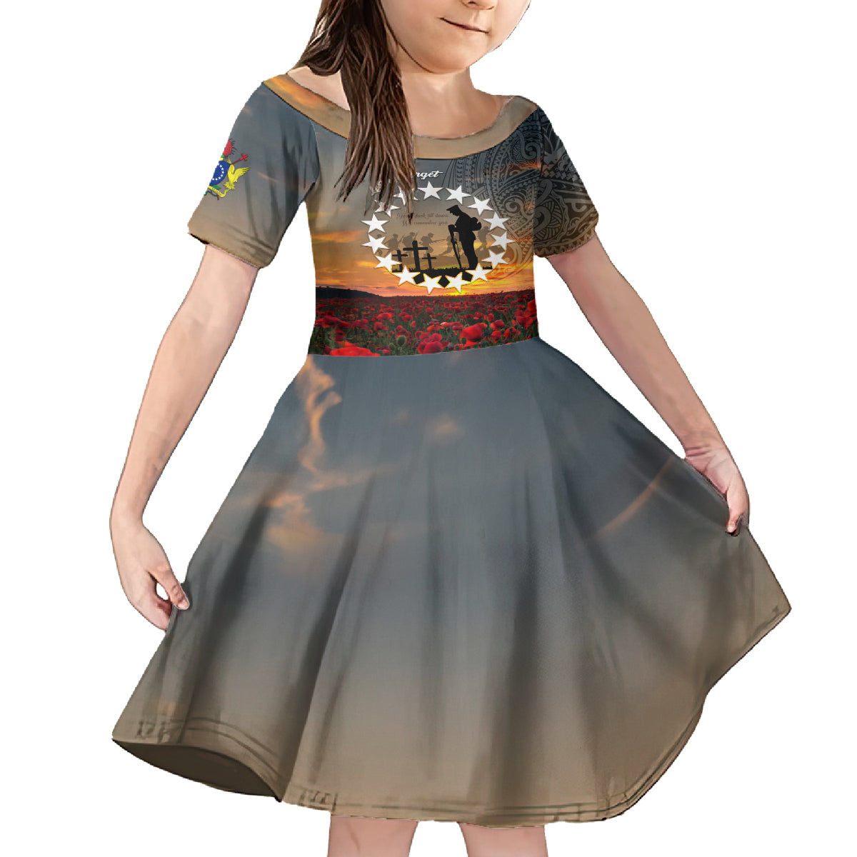 Cook Islands ANZAC Day Kid Short Sleeve Dress Lest We Forget LT05 KID Grey - Polynesian Pride