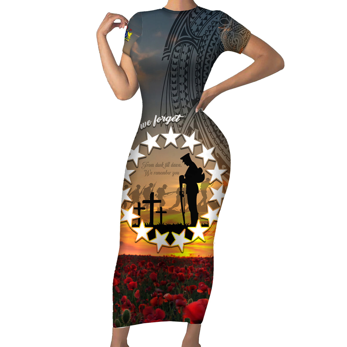 Cook Islands ANZAC Day Short Sleeve Bodycon Dress Lest We Forget LT05 Long Dress Grey - Polynesian Pride