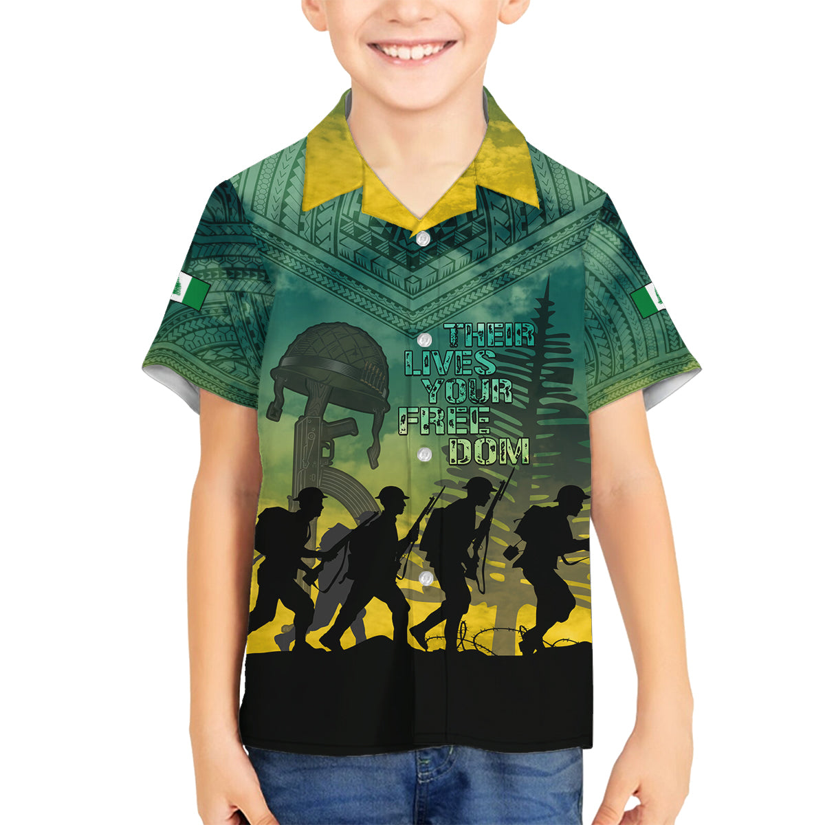 Norfolk Island ANZAC Day Family Matching Off Shoulder Long Sleeve Dress and Hawaiian Shirt Lest We Forget LT05 Son's Shirt Dark Cyan - Polynesian Pride