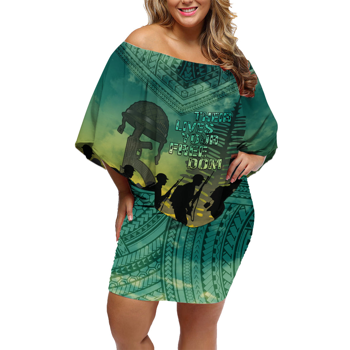 Norfolk Island ANZAC Day Family Matching Off Shoulder Short Dress and Hawaiian Shirt Lest We Forget LT05 Mom's Dress Dark Cyan - Polynesian Pride