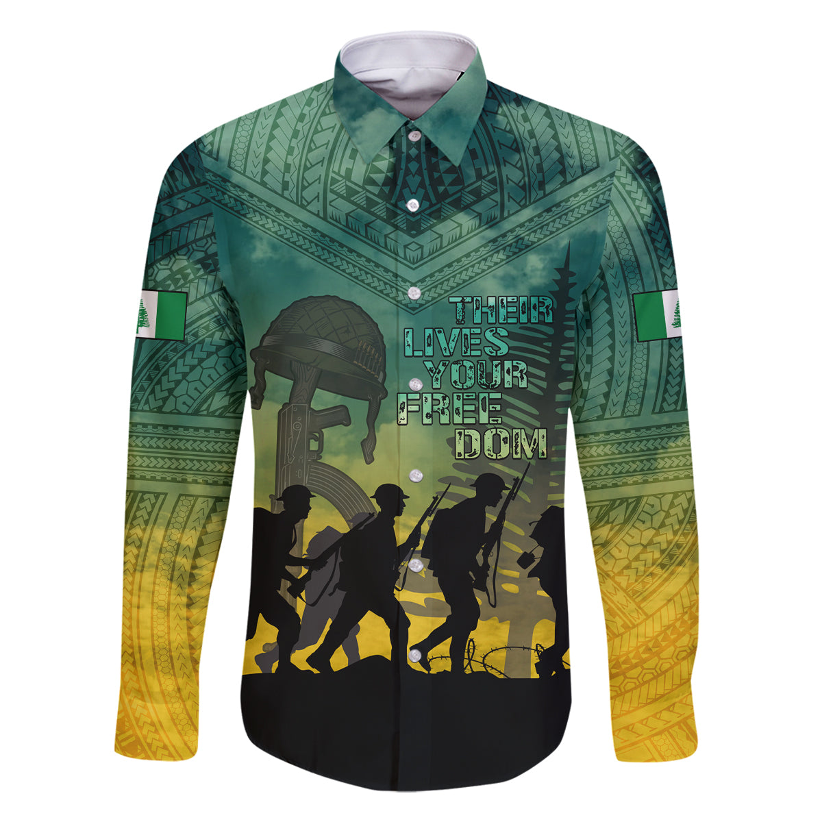 Norfolk Island ANZAC Day Family Matching Summer Maxi Dress and Hawaiian Shirt Lest We Forget LT05 Dad's Shirt - Long Sleeve Dark Cyan - Polynesian Pride