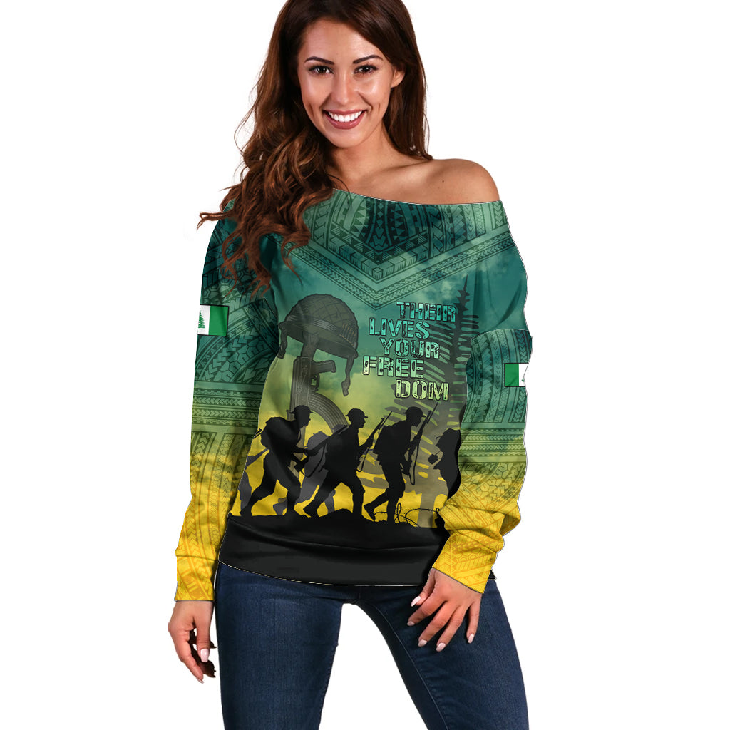 Norfolk Island ANZAC Day Off Shoulder Sweater Lest We Forget LT05 Women Dark Cyan - Polynesian Pride