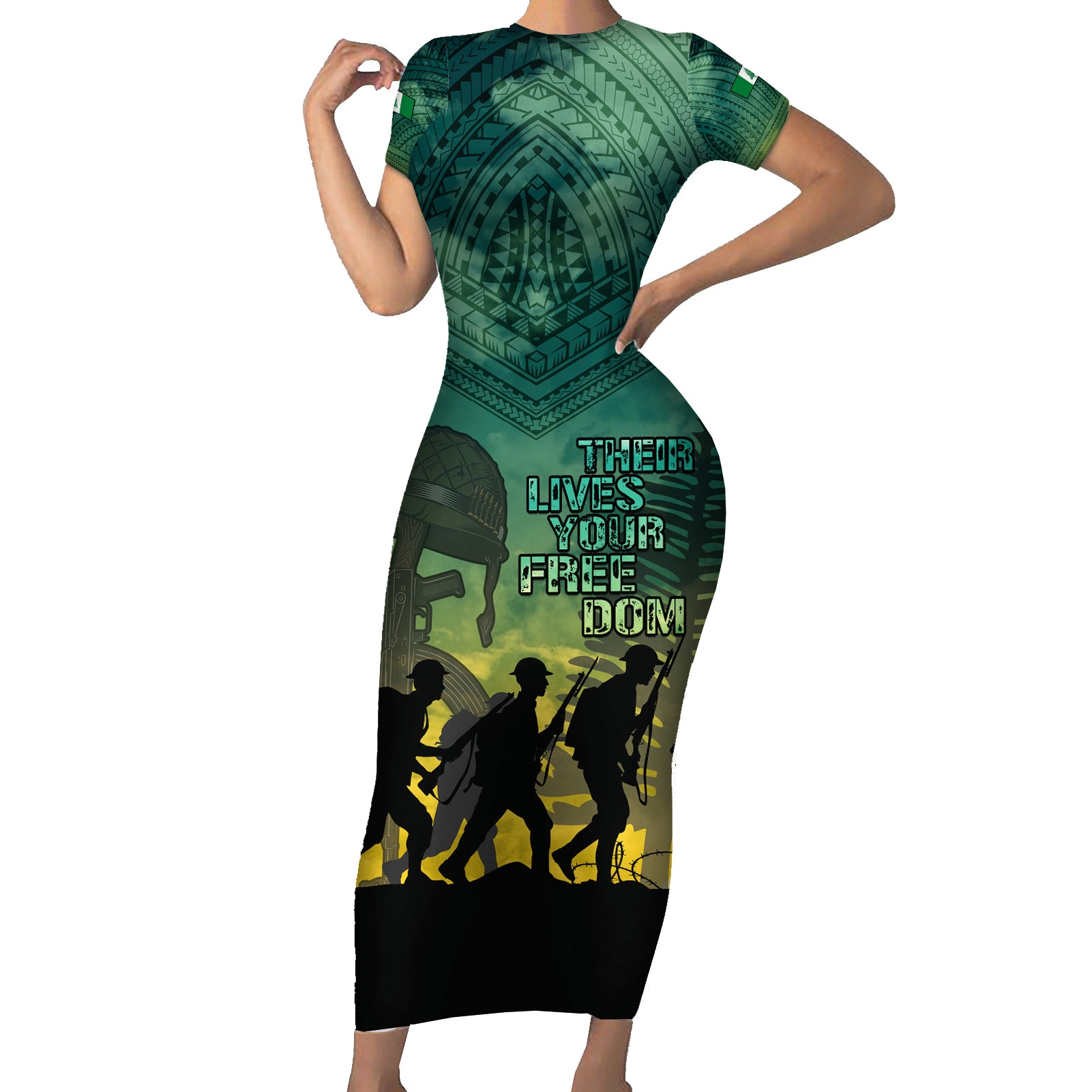 Norfolk Island ANZAC Day Short Sleeve Bodycon Dress Lest We Forget LT05 Long Dress Dark Cyan - Polynesian Pride