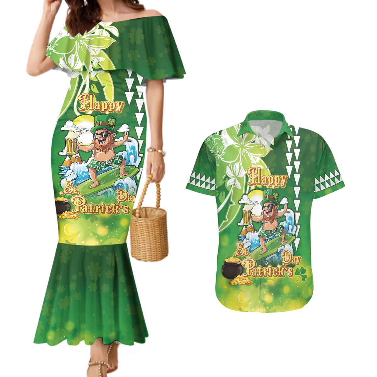 Hawaii Saint Patrick's Day Couples Matching Mermaid Dress and Hawaiian Shirt Funny Surfing Leprechaun