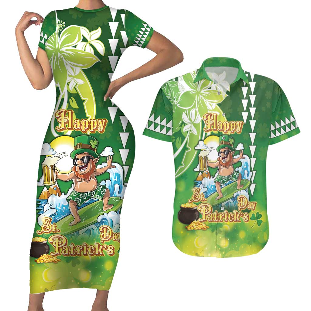 Hawaii Saint Patrick's Day Couples Matching Short Sleeve Bodycon Dress and Hawaiian Shirt Funny Surfing Leprechaun