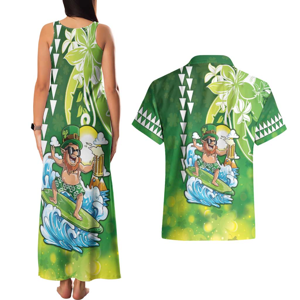 Hawaii Saint Patrick's Day Couples Matching Tank Maxi Dress and Hawaiian Shirt Funny Surfing Leprechaun