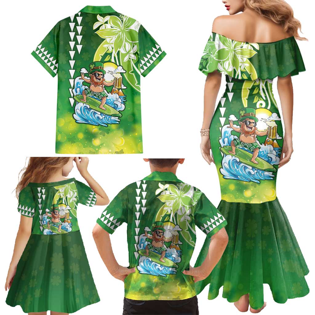 Hawaii Saint Patrick's Day Family Matching Mermaid Dress and Hawaiian Shirt Funny Surfing Leprechaun