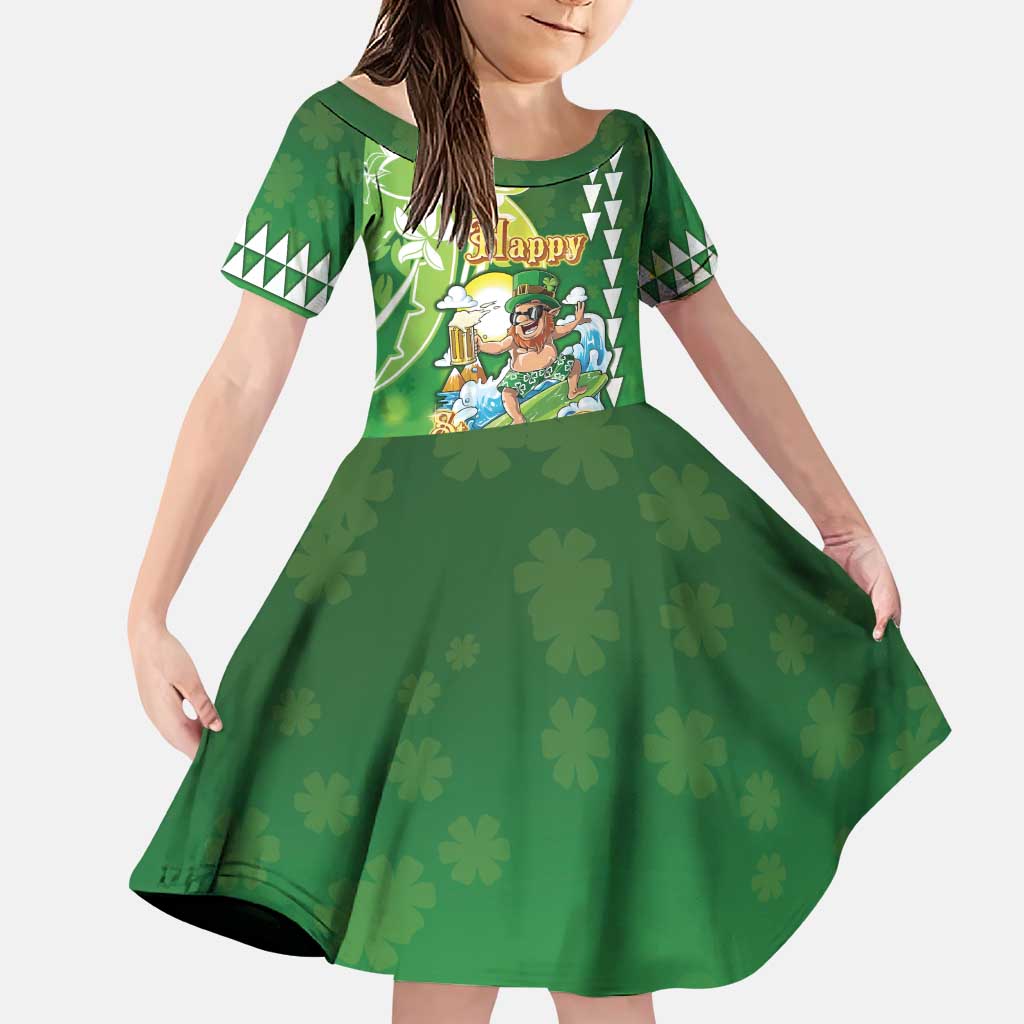 Hawaii Saint Patrick's Day Family Matching Puletasi and Hawaiian Shirt Funny Surfing Leprechaun LT05 Daughter's Dress Green - Polynesian Pride