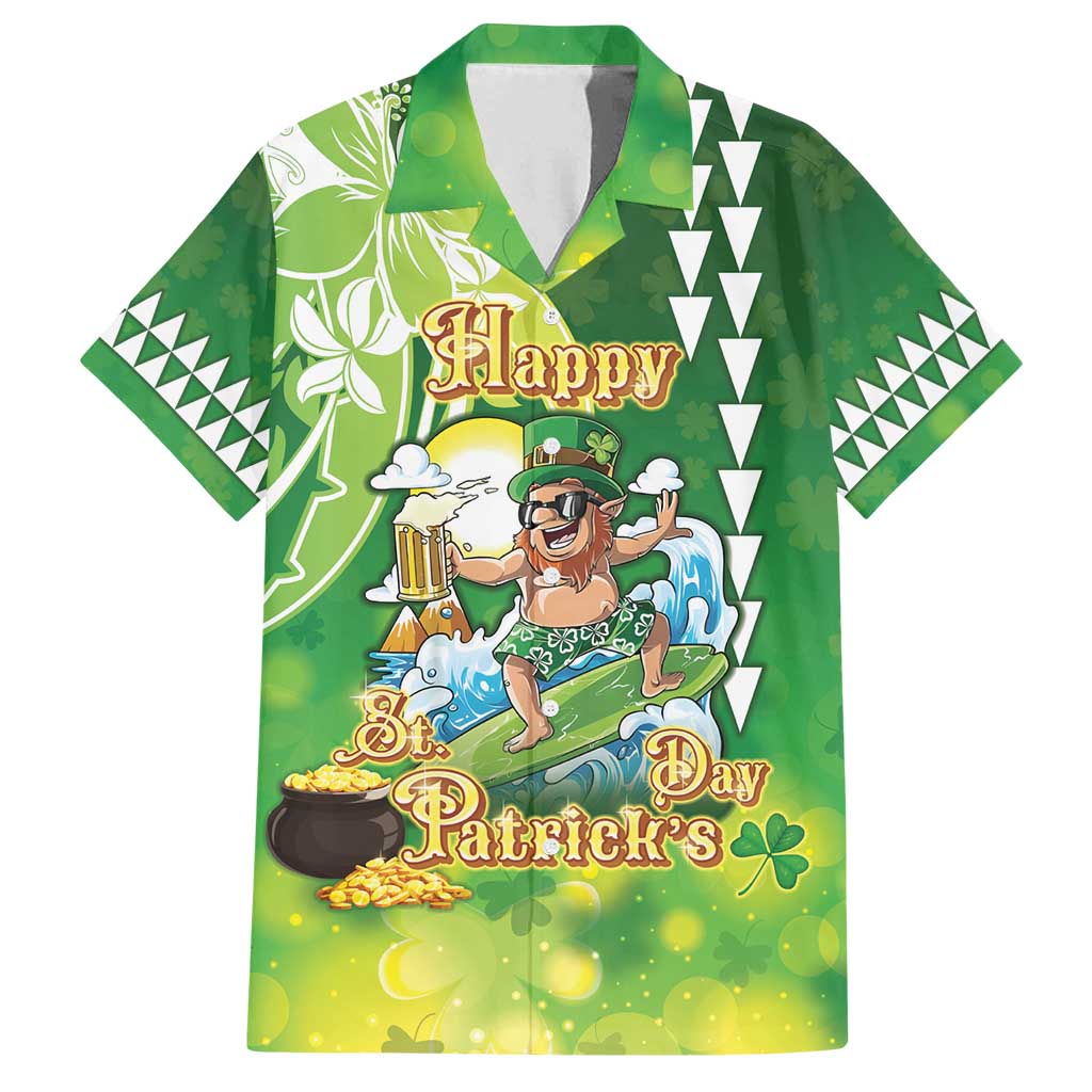 Hawaii Saint Patrick's Day Family Matching Puletasi and Hawaiian Shirt Funny Surfing Leprechaun LT05 Dad's Shirt - Short Sleeve Green - Polynesian Pride