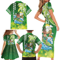 Hawaii Saint Patrick's Day Family Matching Short Sleeve Bodycon Dress and Hawaiian Shirt Funny Surfing Leprechaun
