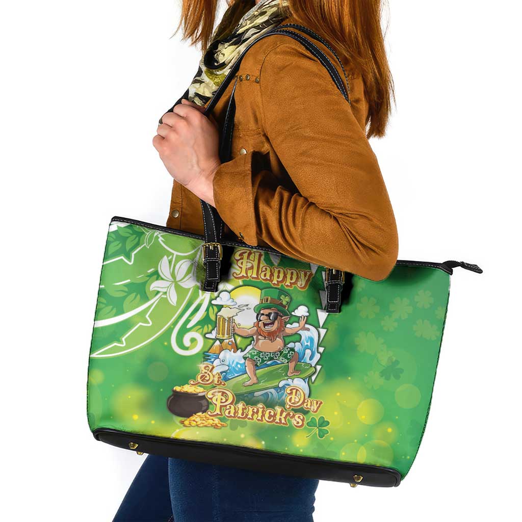 Hawaii Saint Patrick's Day Leather Tote Bag Funny Surfing Leprechaun LT05 Green - Polynesian Pride