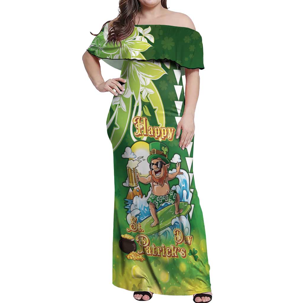Hawaii Saint Patrick's Day Off Shoulder Maxi Dress Funny Surfing Leprechaun