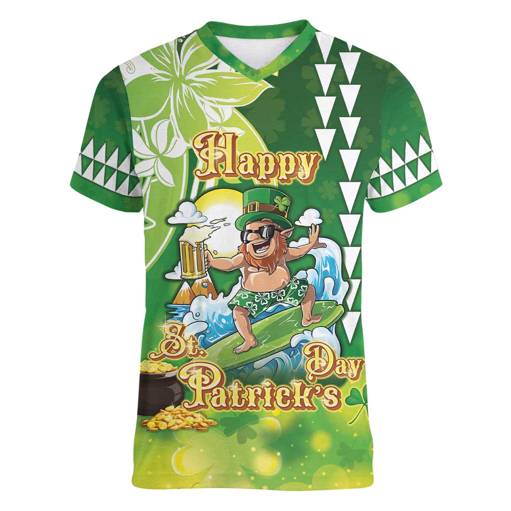 Hawaii Saint Patrick's Day Women V-Neck T-Shirt Funny Surfing Leprechaun LT05 Female Green - Polynesian Pride