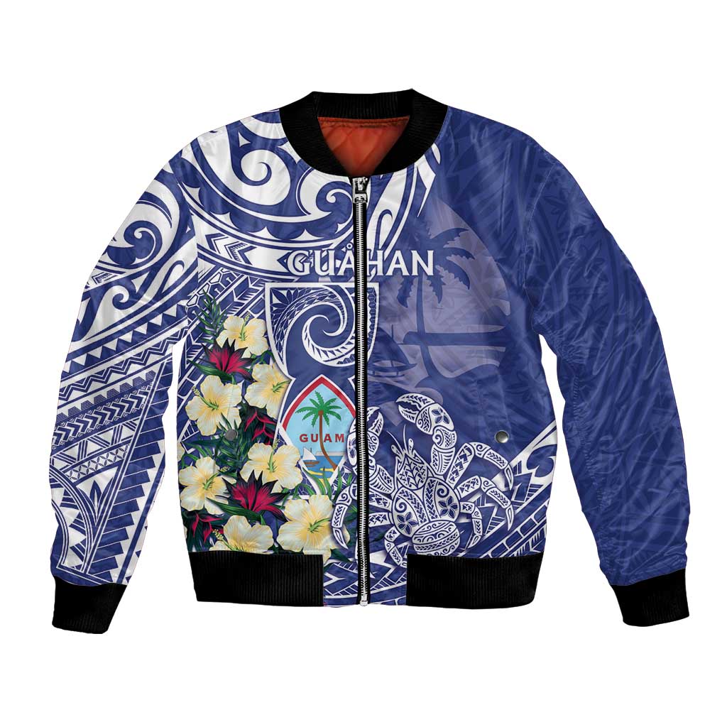 Personalised Hafa Adai Guam Bomber Jacket Latte Stone With Coconut Crab LT05 Unisex Blue - Polynesian Pride