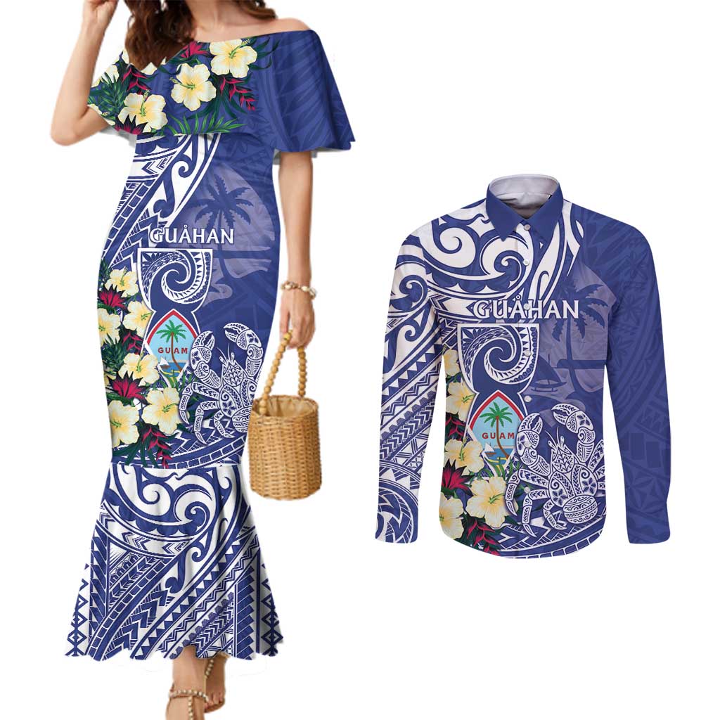 Personalised Hafa Adai Guam Couples Matching Mermaid Dress and Long Sleeve Button Shirt Latte Stone With Coconut Crab