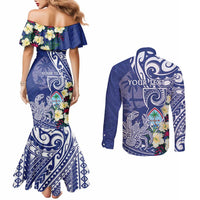 Personalised Hafa Adai Guam Couples Matching Mermaid Dress and Long Sleeve Button Shirt Latte Stone With Coconut Crab