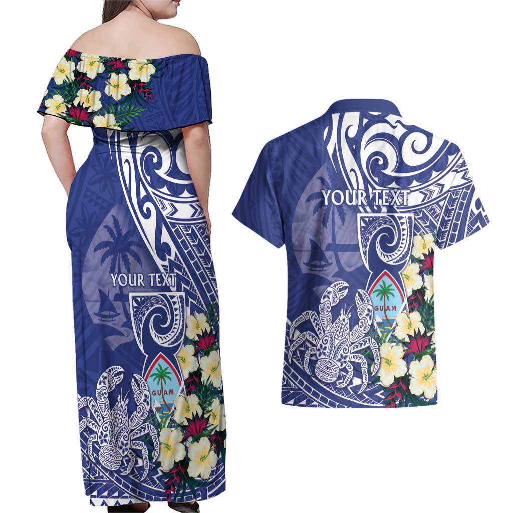Personalised Hafa Adai Guam Couples Matching Off Shoulder Maxi Dress and Hawaiian Shirt Latte Stone With Coconut Crab LT05 - Polynesian Pride