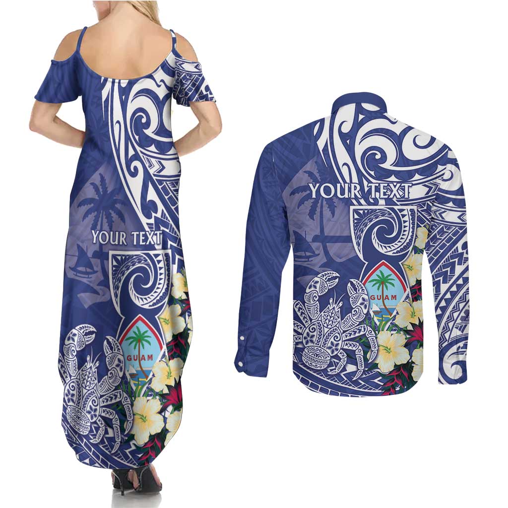 Personalised Hafa Adai Guam Couples Matching Summer Maxi Dress and Long Sleeve Button Shirt Latte Stone With Coconut Crab LT05 - Polynesian Pride