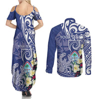 Personalised Hafa Adai Guam Couples Matching Summer Maxi Dress and Long Sleeve Button Shirt Latte Stone With Coconut Crab LT05 - Polynesian Pride
