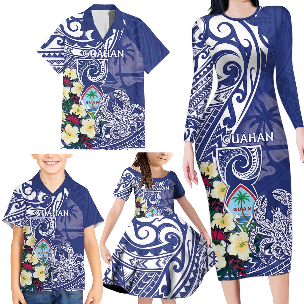 Personalised Hafa Adai Guam Family Matching Long Sleeve Bodycon Dress and Hawaiian Shirt Latte Stone With Coconut Crab