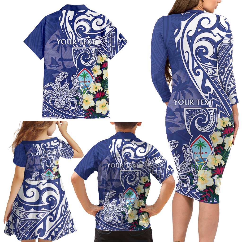 Personalised Hafa Adai Guam Family Matching Long Sleeve Bodycon Dress and Hawaiian Shirt Latte Stone With Coconut Crab