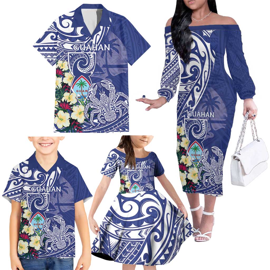 Personalised Hafa Adai Guam Family Matching Off The Shoulder Long Sleeve Dress and Hawaiian Shirt Latte Stone With Coconut Crab