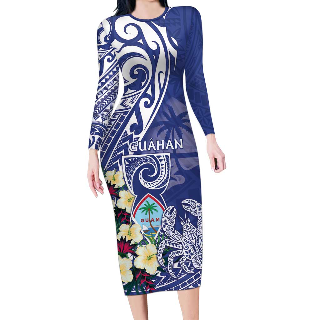 Personalised Hafa Adai Guam Long Sleeve Bodycon Dress Latte Stone With Coconut Crab LT05 Long Dress Blue - Polynesian Pride