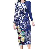 Personalised Hafa Adai Guam Long Sleeve Bodycon Dress Latte Stone With Coconut Crab LT05 Long Dress Blue - Polynesian Pride