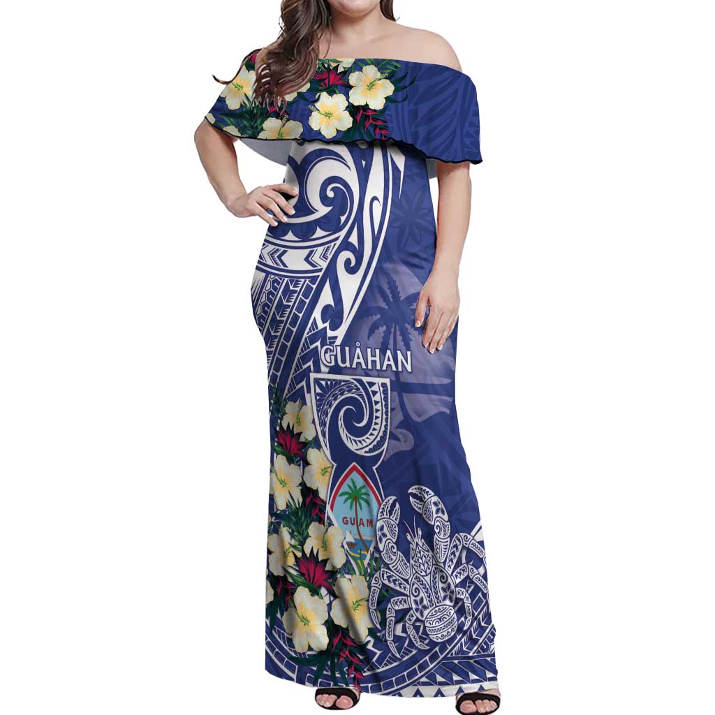 Personalised Hafa Adai Guam Off Shoulder Maxi Dress Latte Stone With Coconut Crab
