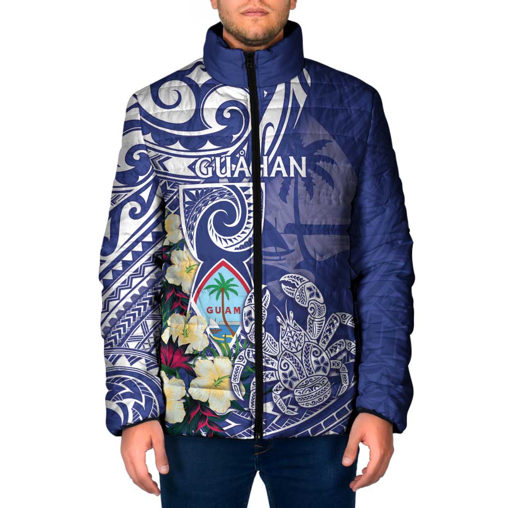 Personalised Hafa Adai Guam Padded Jacket Latte Stone With Coconut Crab LT05 Men Blue - Polynesian Pride