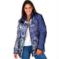 Personalised Hafa Adai Guam Padded Jacket Latte Stone With Coconut Crab LT05 Women Blue - Polynesian Pride