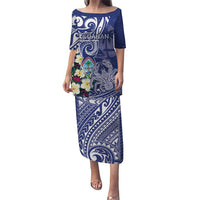 Personalised Hafa Adai Guam Puletasi Latte Stone With Coconut Crab LT05 Long Dress Blue - Polynesian Pride