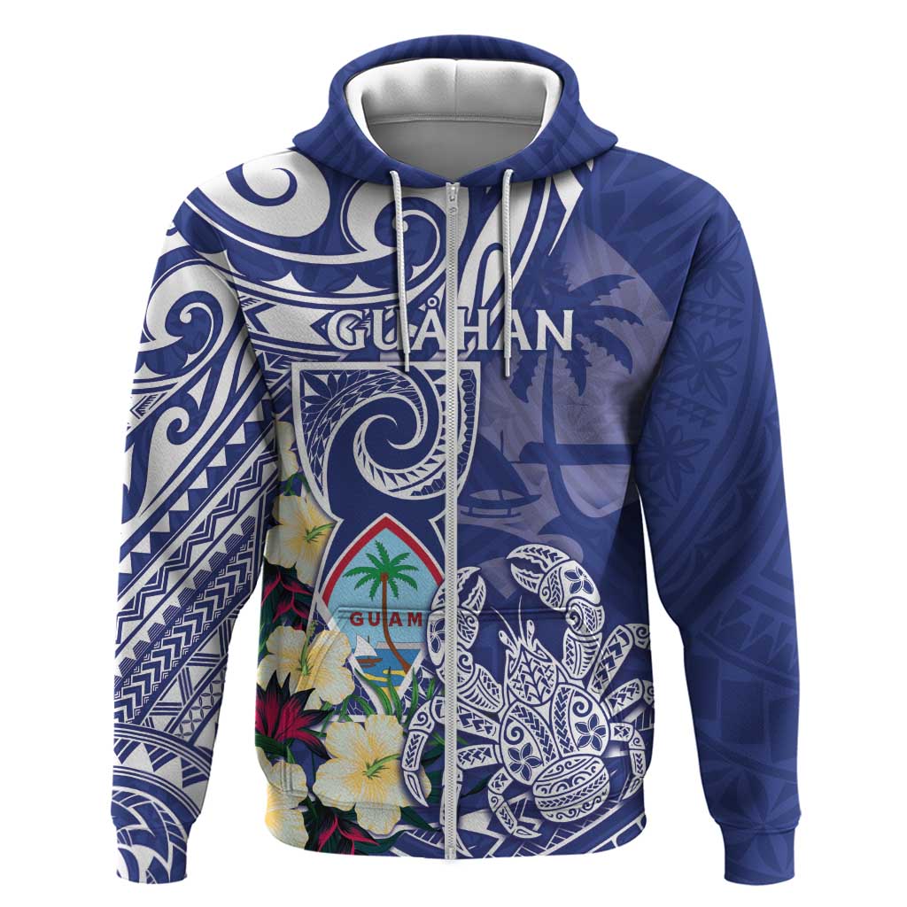 Personalised Hafa Adai Guam Zip Hoodie Latte Stone With Coconut Crab LT05 Zip Hoodie Blue - Polynesian Pride