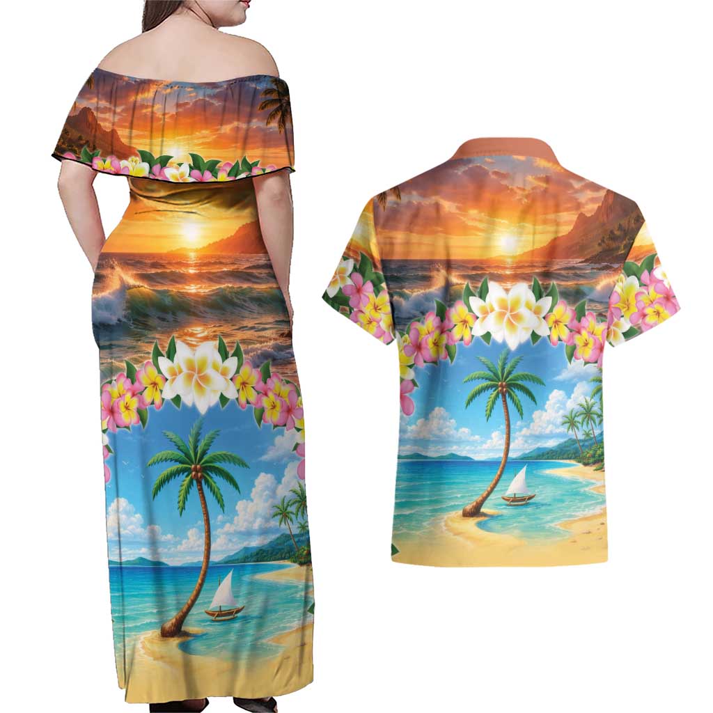 Guam Couples Matching Off Shoulder Maxi Dress and Hawaiian Shirt Eternal Summer Sunset Beach