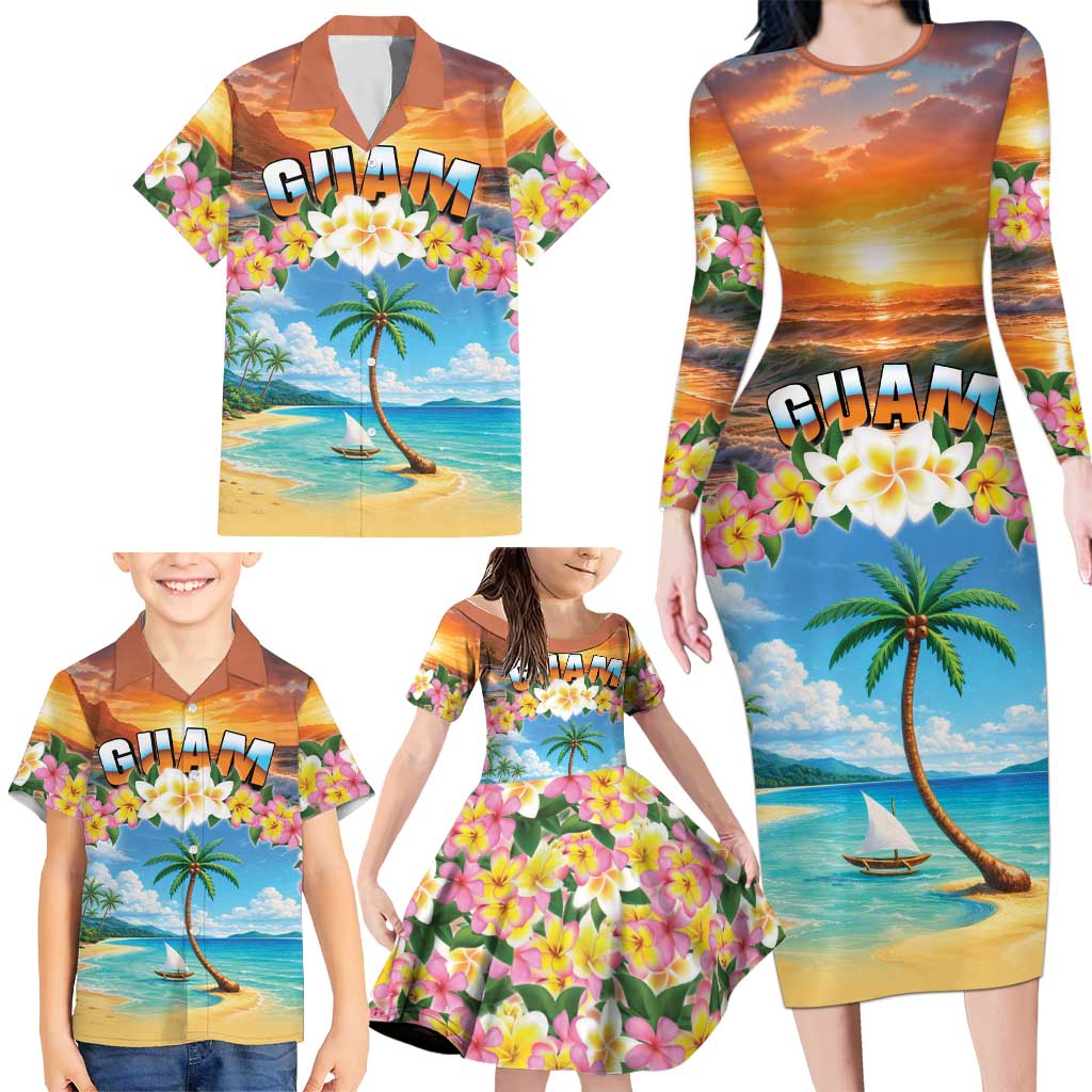 Guam Family Matching Long Sleeve Bodycon Dress and Hawaiian Shirt Eternal Summer Sunset Beach