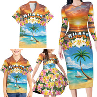 Guam Family Matching Long Sleeve Bodycon Dress and Hawaiian Shirt Eternal Summer Sunset Beach