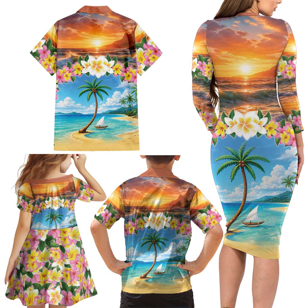 Guam Family Matching Long Sleeve Bodycon Dress and Hawaiian Shirt Eternal Summer Sunset Beach