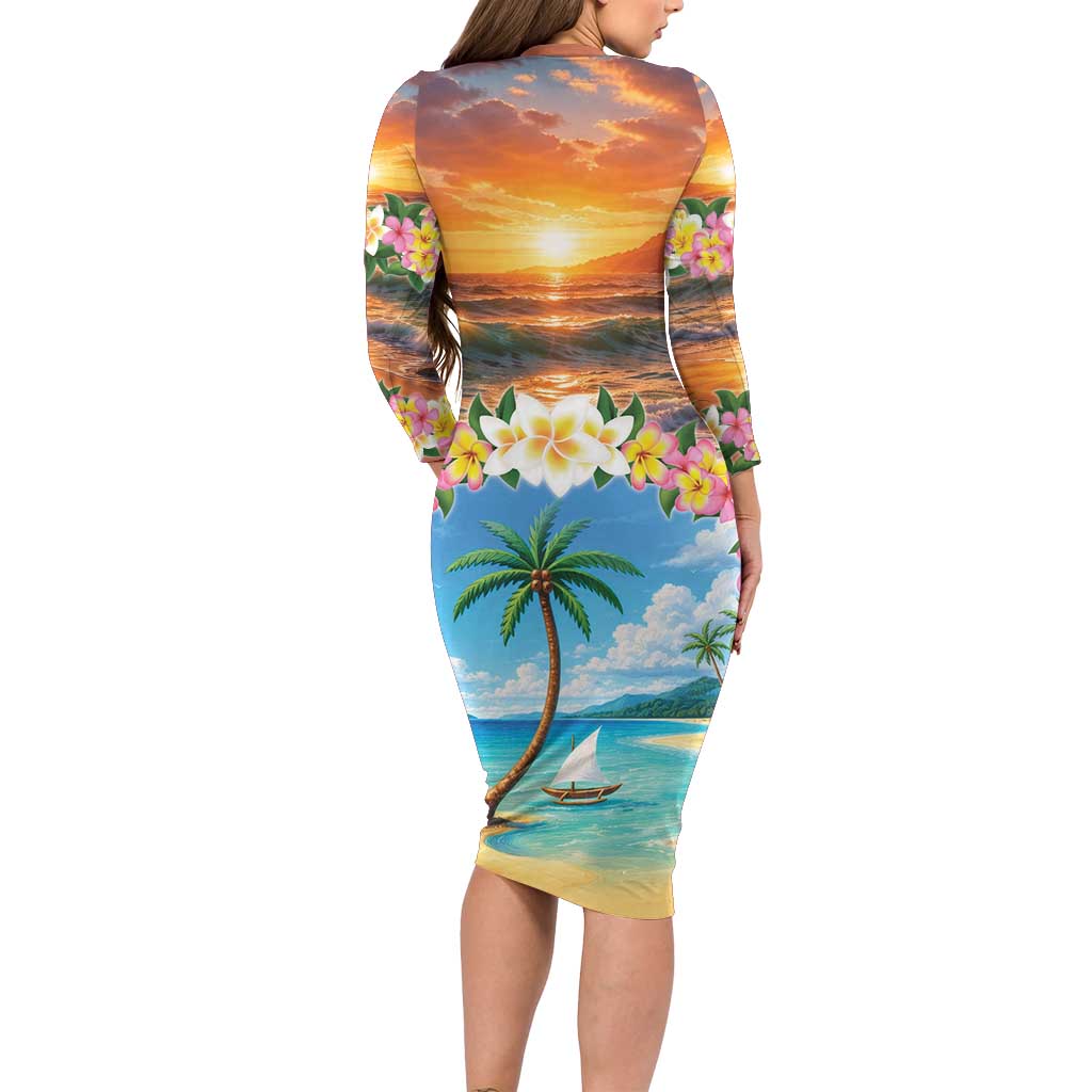 Guam Family Matching Long Sleeve Bodycon Dress and Hawaiian Shirt Eternal Summer Sunset Beach