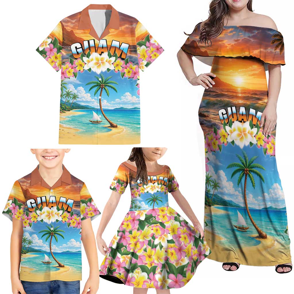 Guam Family Matching Off Shoulder Maxi Dress and Hawaiian Shirt Eternal Summer Sunset Beach