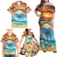 Guam Family Matching Off Shoulder Maxi Dress and Hawaiian Shirt Eternal Summer Sunset Beach