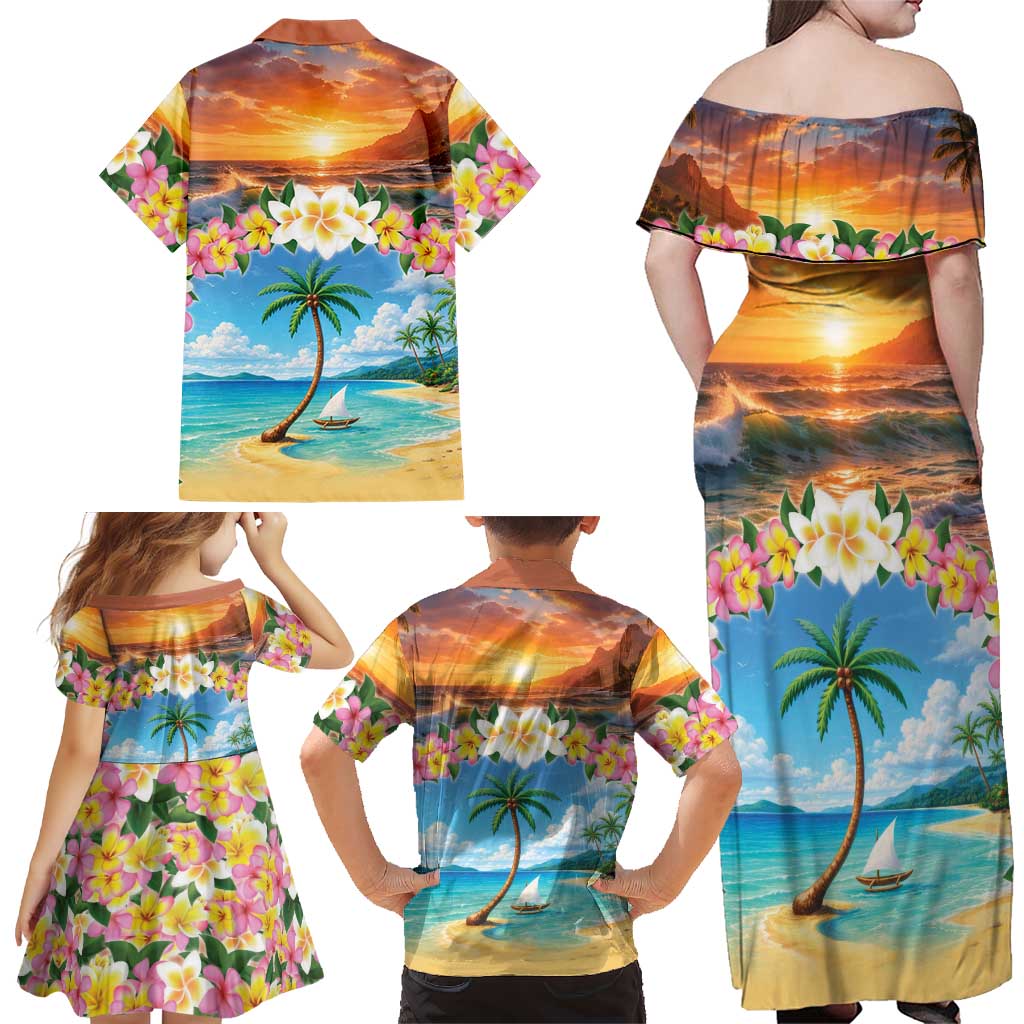 Guam Family Matching Off Shoulder Maxi Dress and Hawaiian Shirt Eternal Summer Sunset Beach