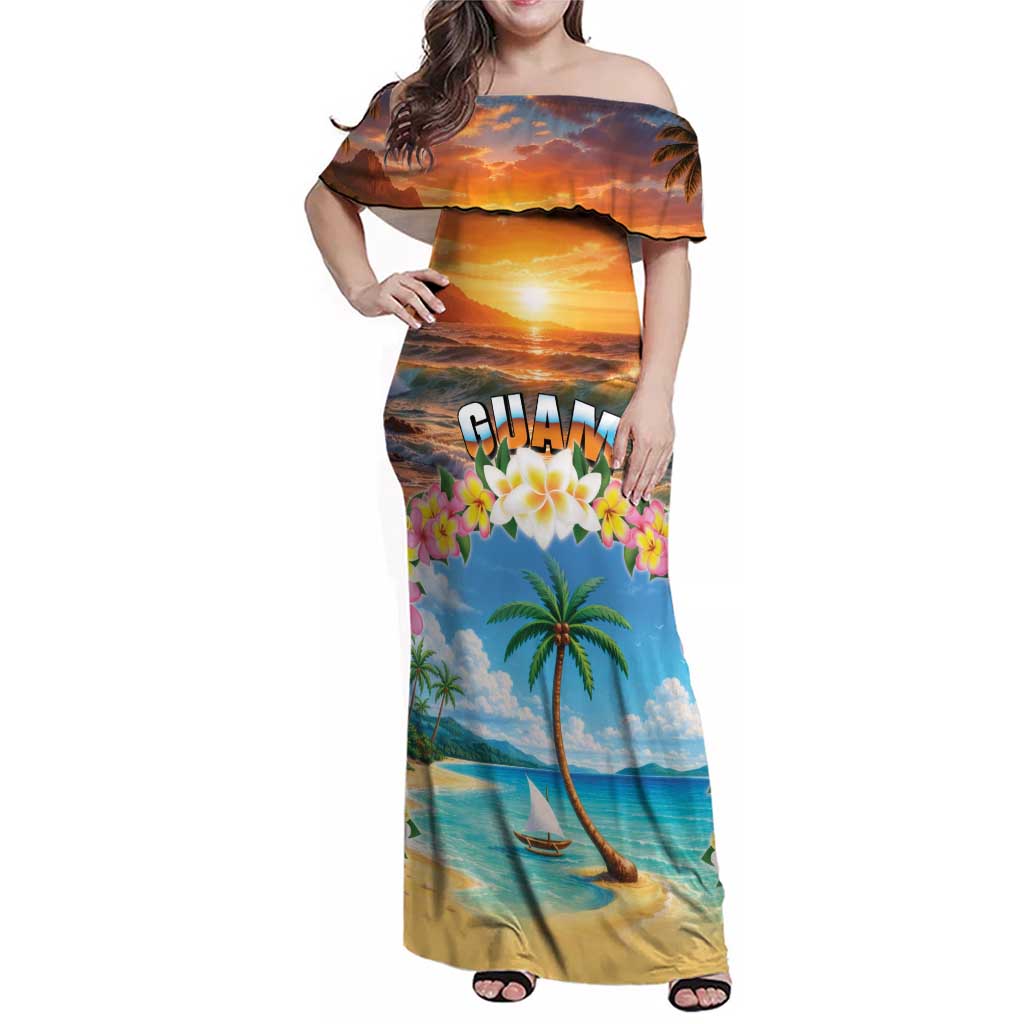 Guam Family Matching Off Shoulder Maxi Dress and Hawaiian Shirt Eternal Summer Sunset Beach