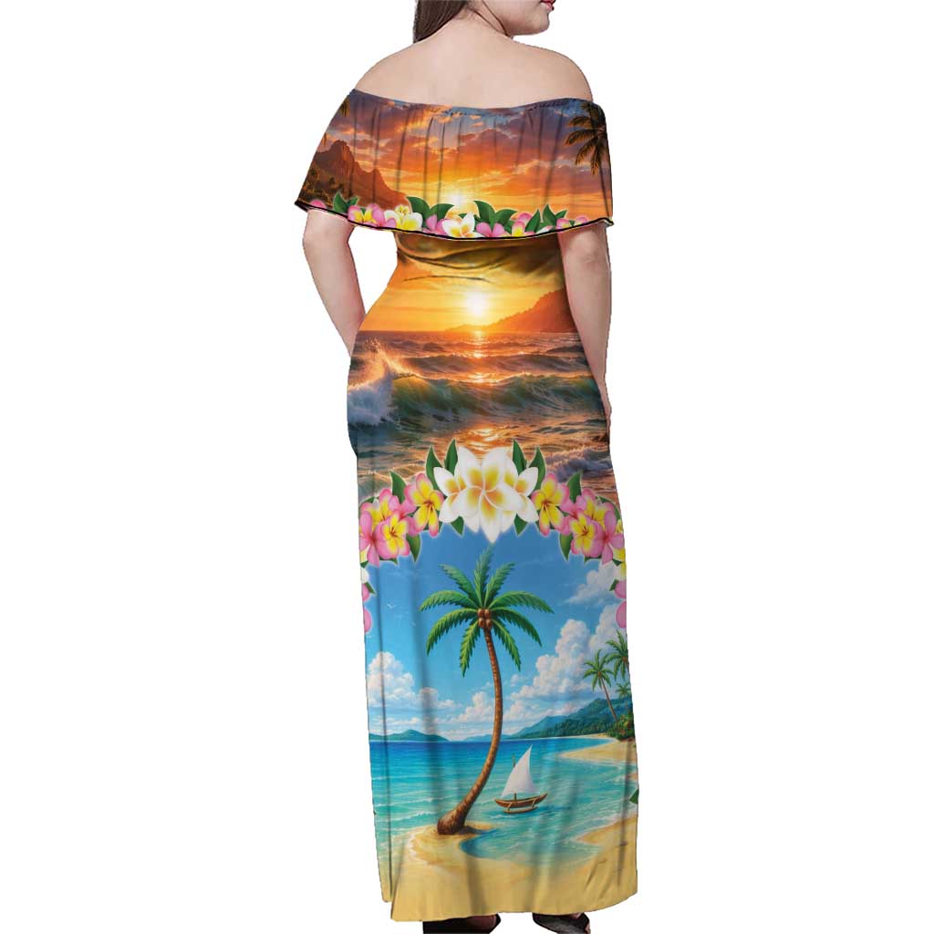 Guam Family Matching Off Shoulder Maxi Dress and Hawaiian Shirt Eternal Summer Sunset Beach