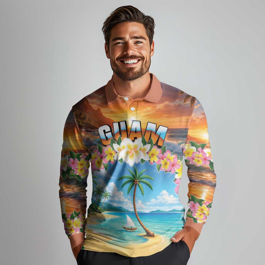 Guam Long Sleeve Polo Shirt Eternal Summer Sunset Beach