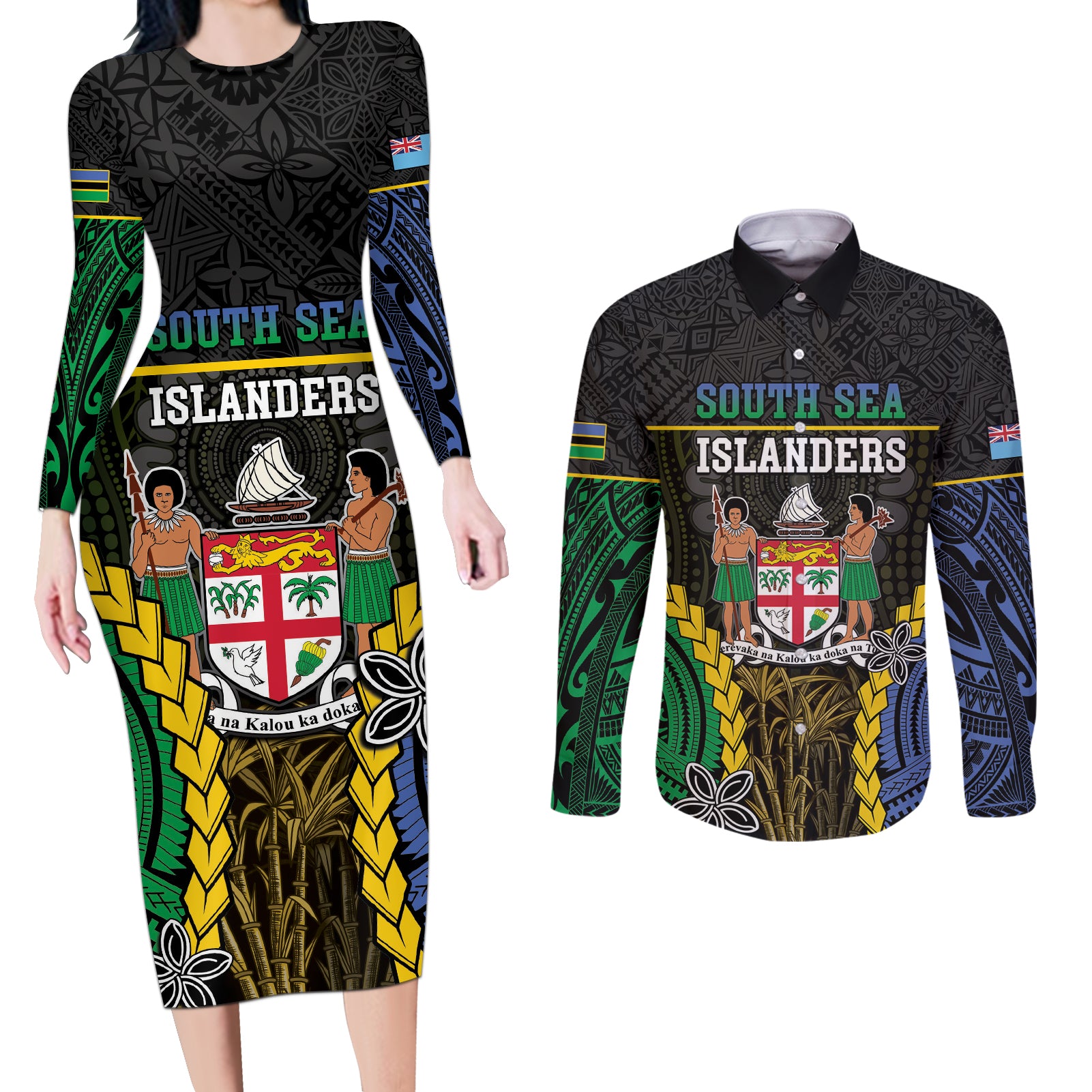 Personalised South Sea Islanders And Fiji Couples Matching Long Sleeve Bodycon Dress and Long Sleeve Button Shirt Kanakas Fijian Tapa Pattern